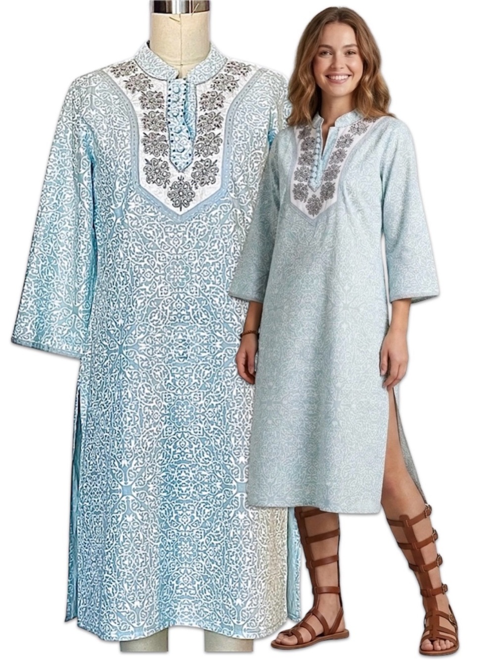 City Life Sky Blue Cotton Kaftan Dress Silver Embroidered Tunic Small like New